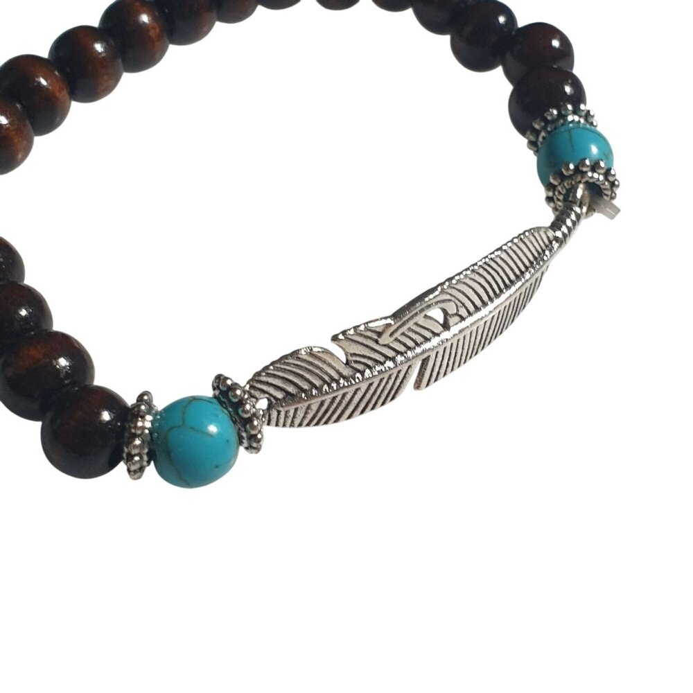 Brown Wood Beads Turquoise Accent Feather Pendant Stretch Bracelet Handmade Jewe - Picture 2 of 4